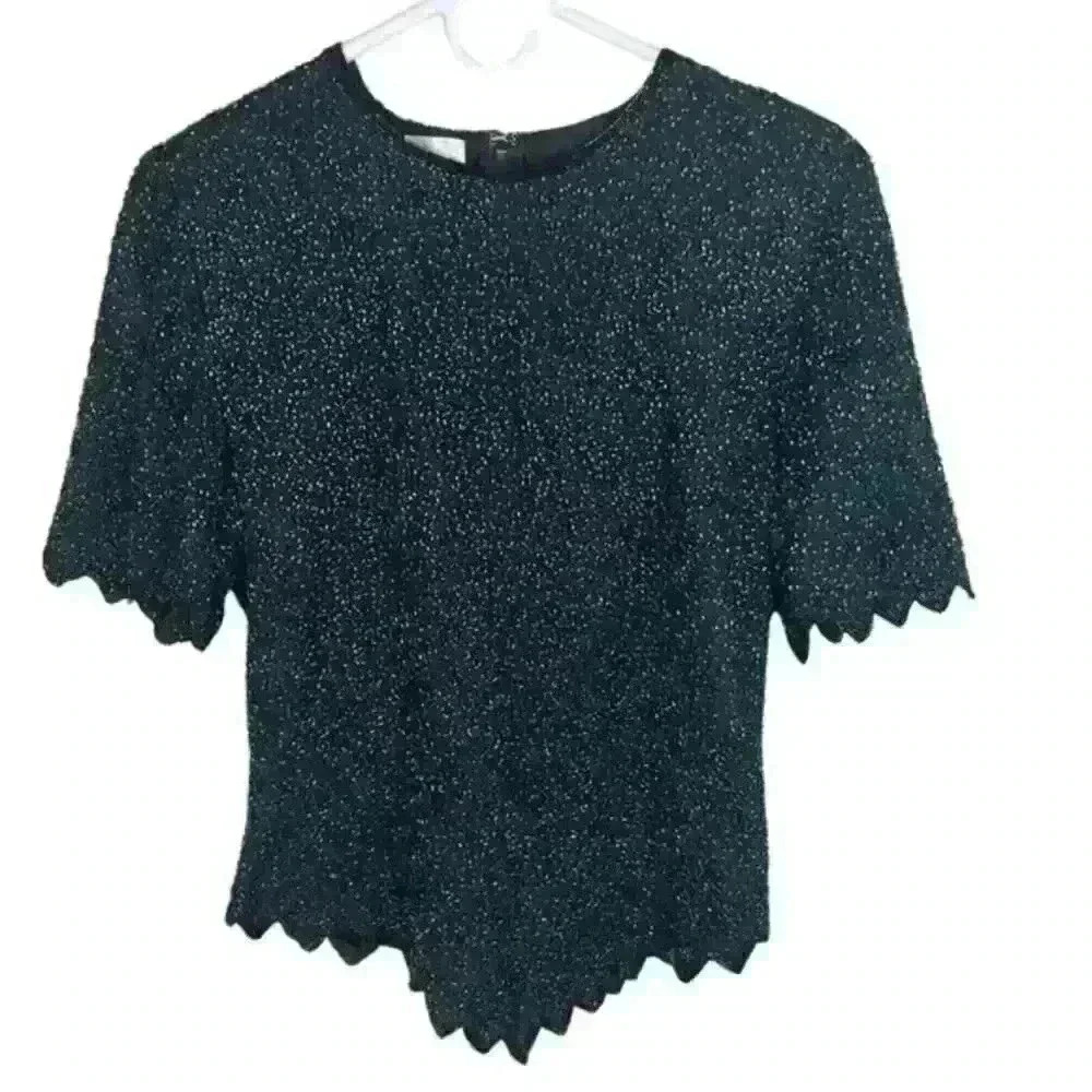 𝅺VINTAGE Laurence Kazar Silk Beaded Blouse‎ Top Sequins 1980s Medium
